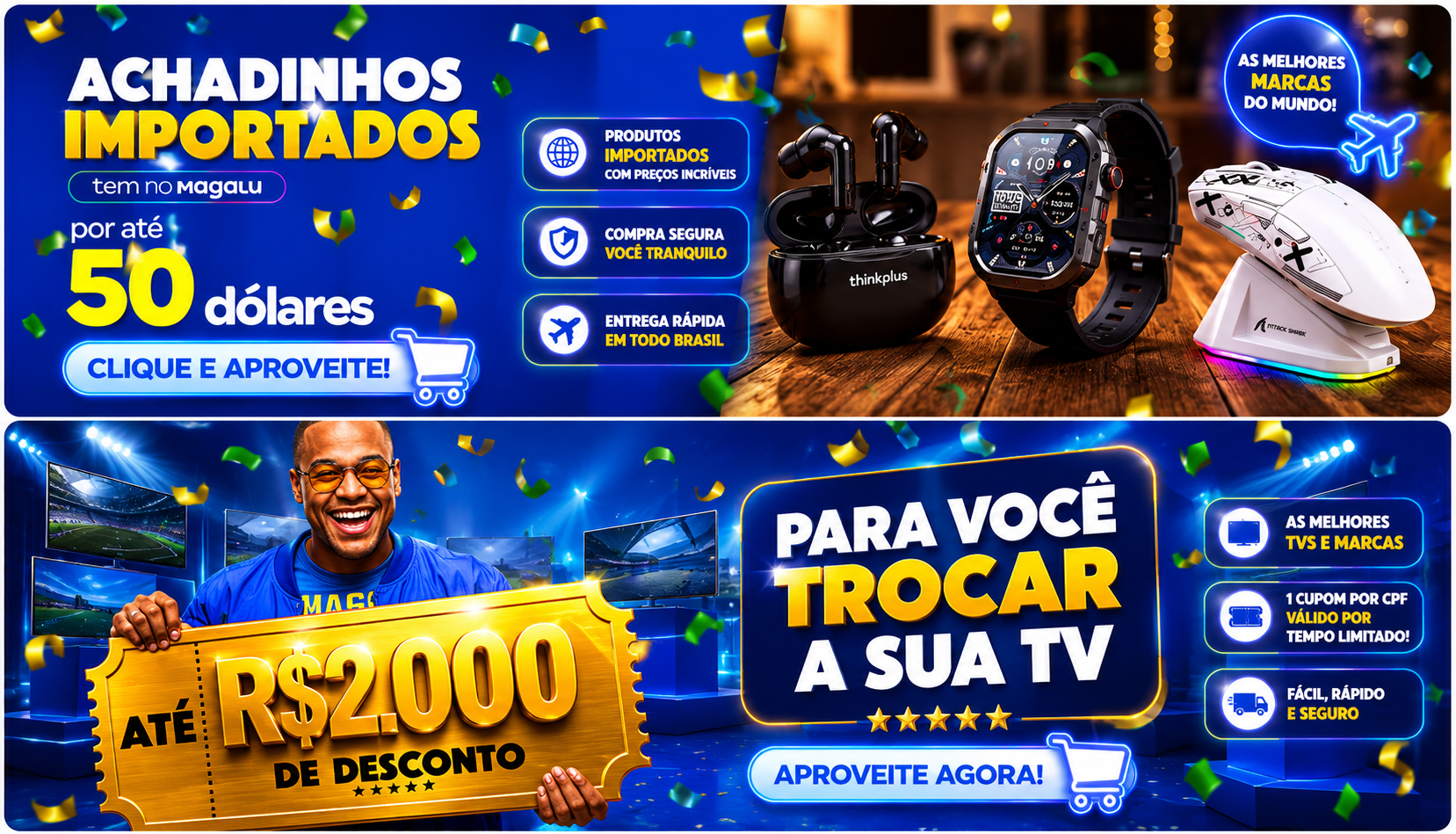 Banner achadinhos importados e desconto para trocar a TV